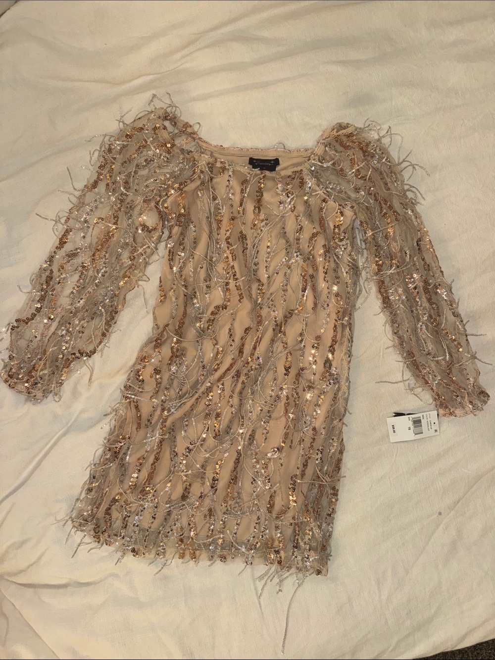 Xtraordinary Blush-Beige Sequin & Feather Mini Dress